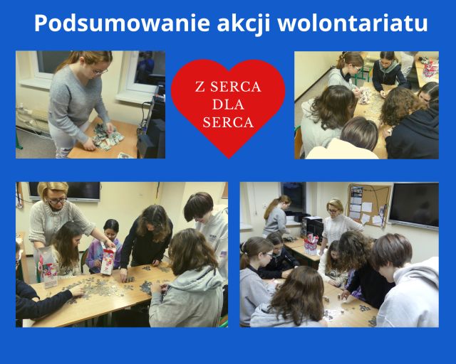 kolaż zdjęć na których uczniowie w obecności nauczyciela liczą pieniądze ze zbiórki