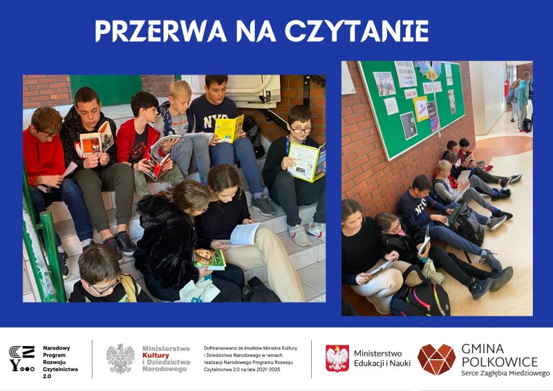 kolaż zdjęć uczniowie siedzą na korytarzu i czytają książki