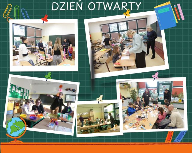 kolaż zdjęć dzieci i nauczycieli podczas zajęć