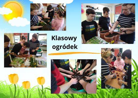 Kolaż zdjęć uczniowie siejący i sadzący roślinki.