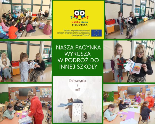 kolaż zdjęć uczniów na zajęciach o pacynce z projektu Nasza Mała Biblioteka