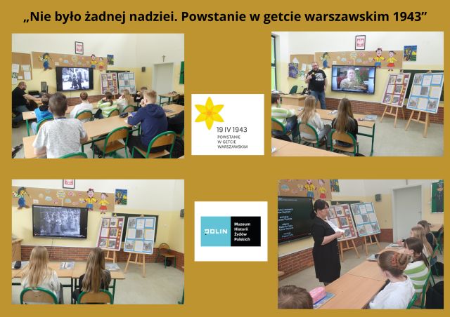 uczniowie oglądają film o powstaniu w getcie warszawskim