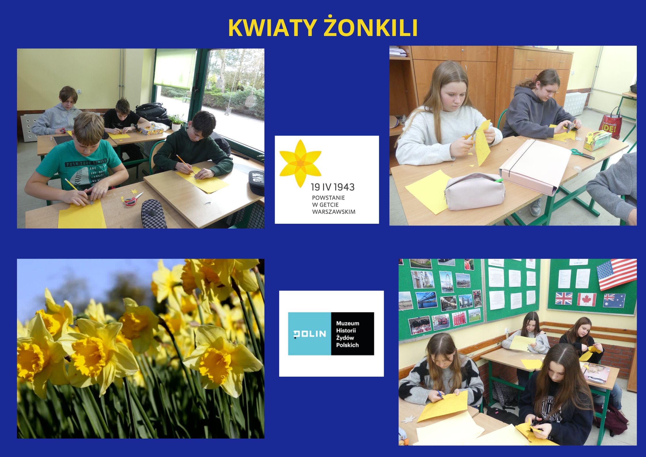 uczniowie wycinają kwiaty żonkili