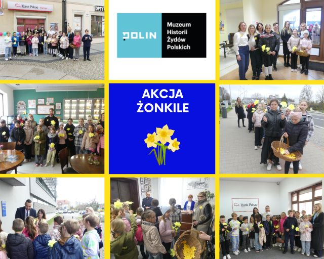 kolaż zdjęć uczniów podczas rozdawania żonkili w polkowickich instytucjach