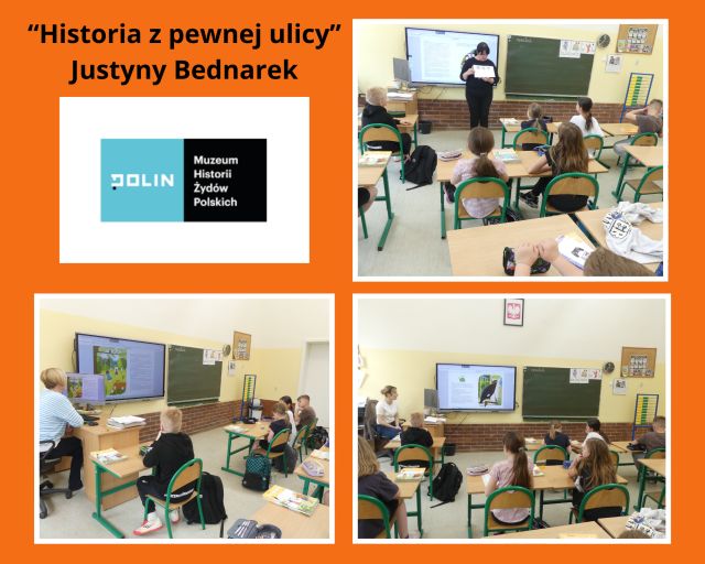 kolaż zdjęć uczniów słuchających nauczycieli czytających książkę podczas lekcji bibliotecznej