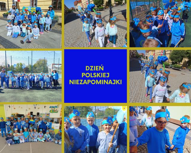 kolaż zdjęć przedszkolaków z opiekunkami przebranymi na niebiesko