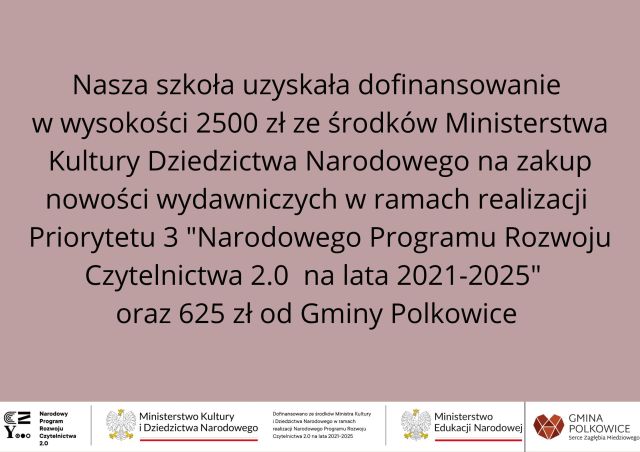 grafika z informacją o dofinansowaniu ze środków Ministerstwa Kultury Dziedzictwa Narodowego na zakup nowości wydawniczych