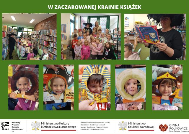 kolaż zdjęć przedszkolaków na zajęciach w bibliotece szkolnej