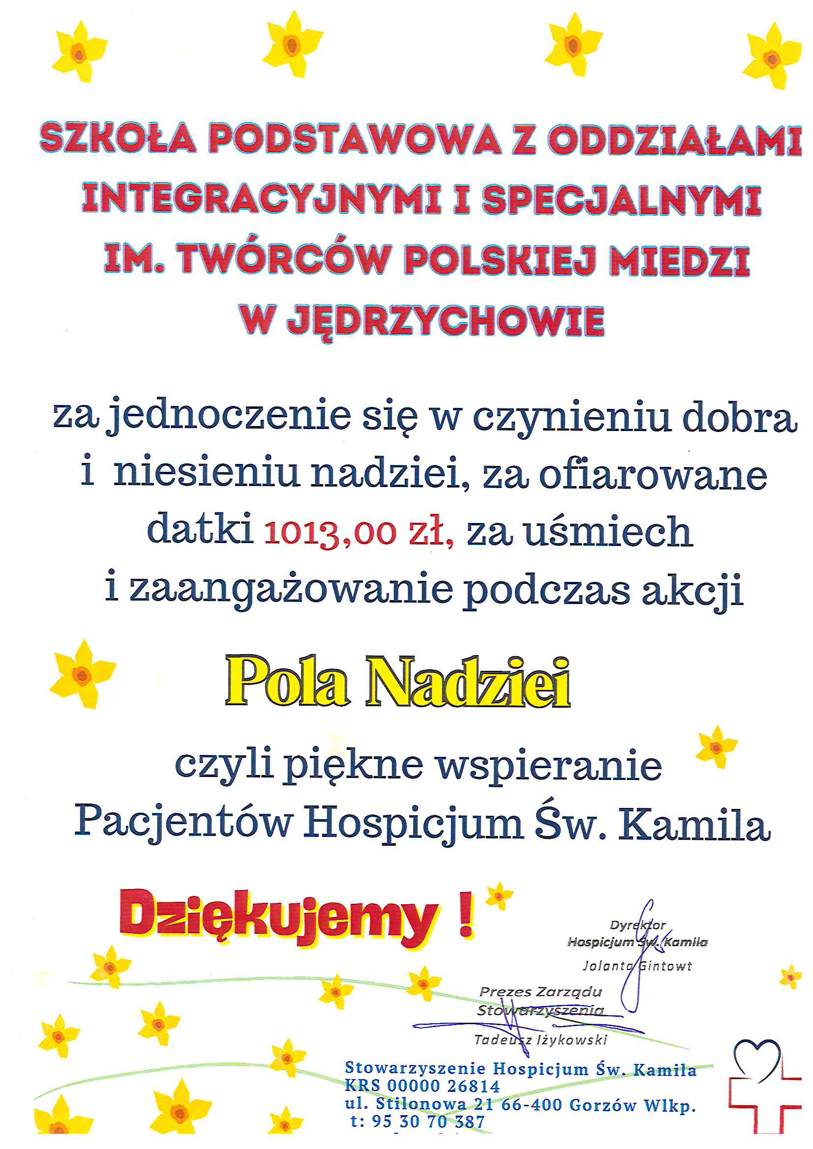 podziękowanie od Hospicjum Pola Nadziei
