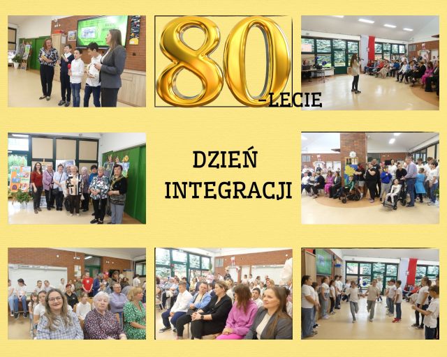 Kolaż zdjęć uczniów, nauczycieli i gości na uroczystym apelu z okazji Dnia Integracji