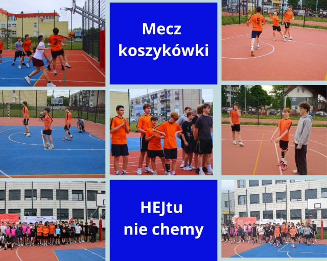 kolaż zdjęć uczniów na stadionie na meczu koszykówki