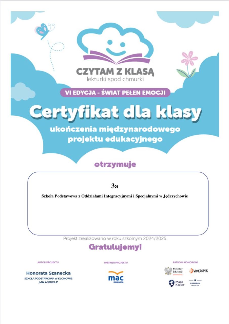 certyfikat dla klasy trzeciej za projekt czytam z klasa lekturki spod chmurki