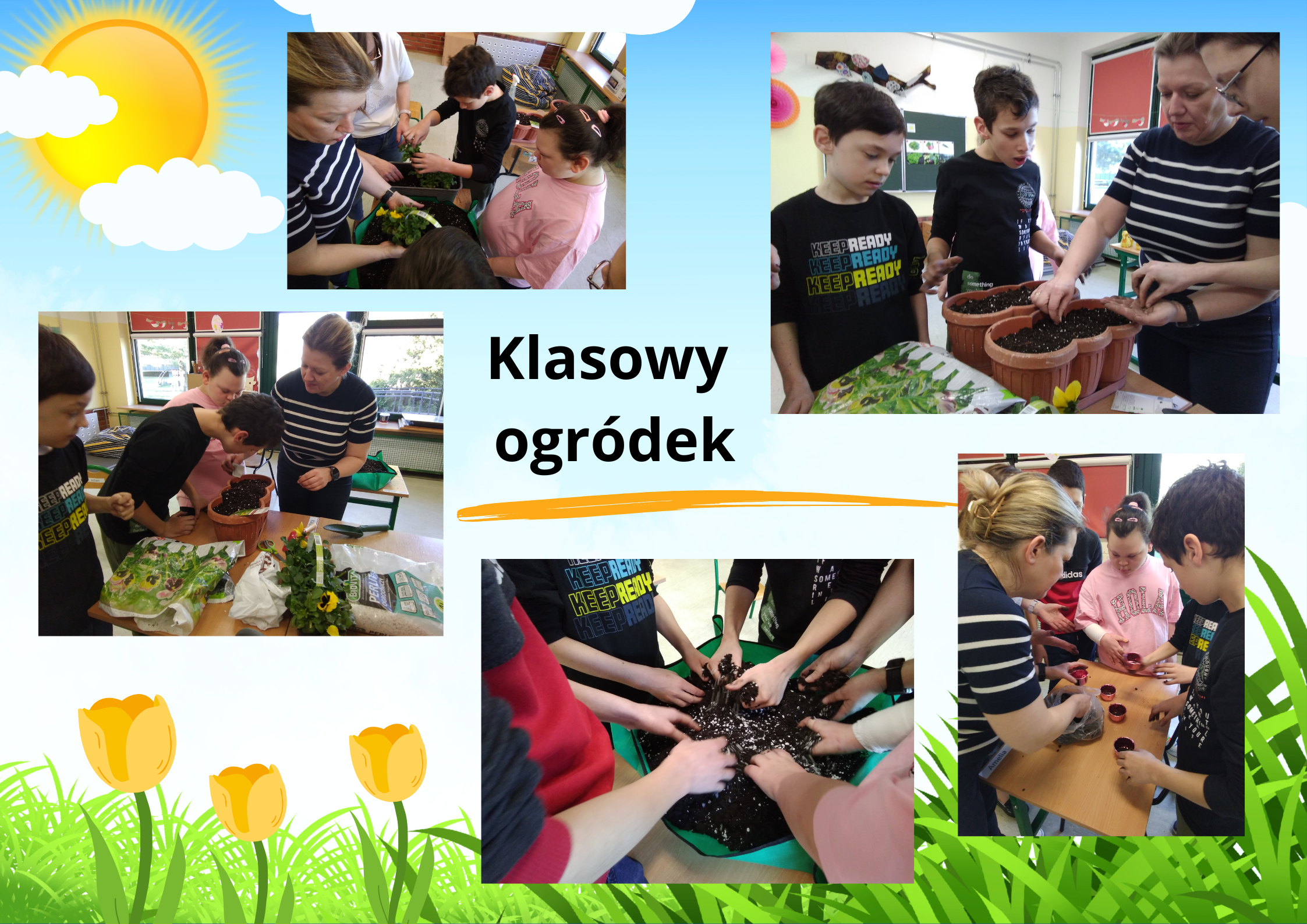 Kolaż zdjęć uczniowie siejący i sadzący roślinki.