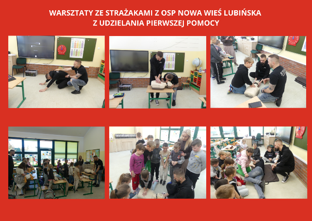 kolaż zdjęć uczniów i strażaków na warsztatach udzielania pierwszej pomocy