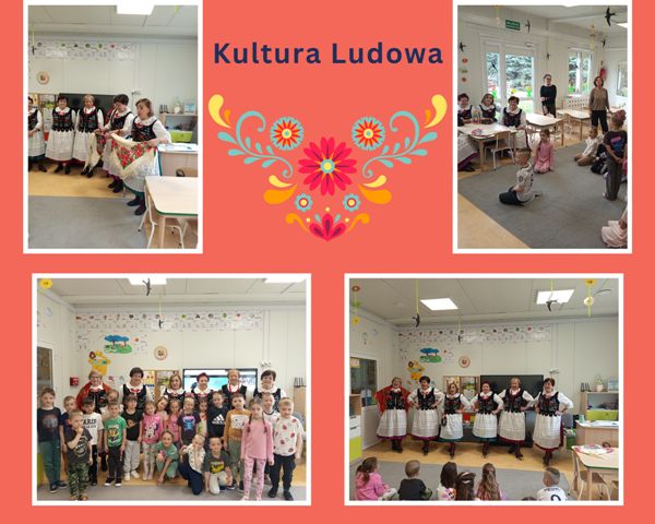 kolaz zdjęć przedszkolaków na spotkaniu z zespołem ludowym Podolanki