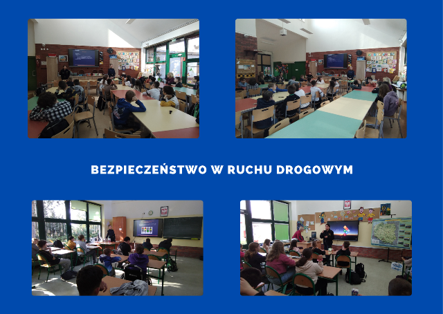 kolaż zdjęć uczniów na spotkaniu z paniami ze straży miejskiej