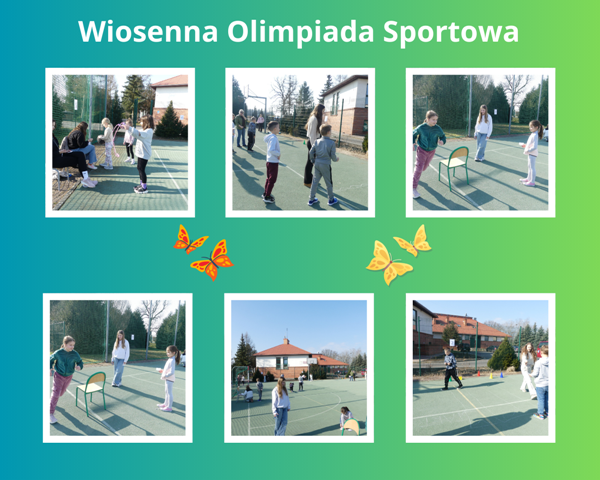 kolaż zdjęć uczniów na olimpiadzie sportowej na boisku szkolnym