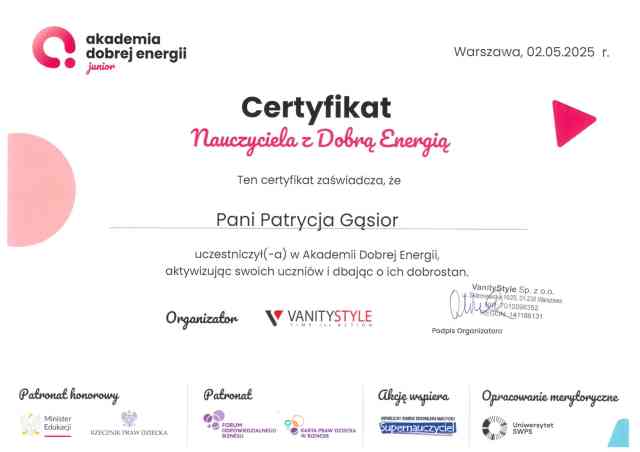 zdjęcie certifikatu nauczycielay z dobrą energią