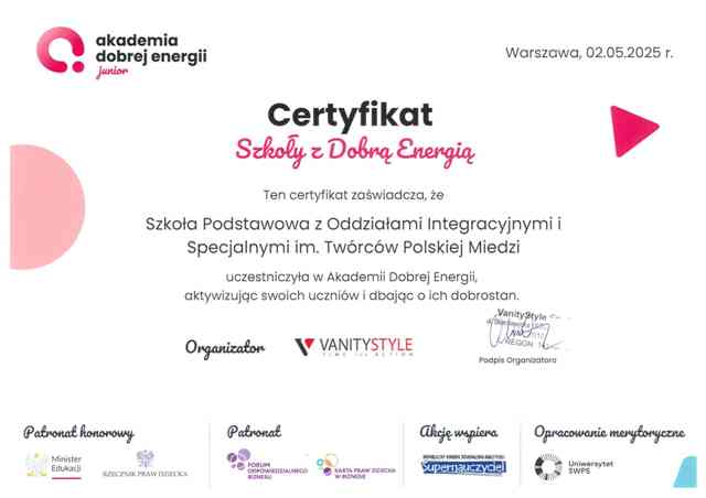 zdjęcie certifikatu szkoły z dobra energią