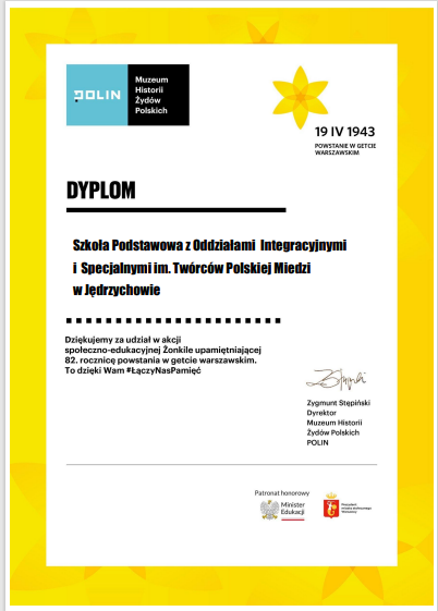dyplom dla szkoły za udział w akcji Żonkile