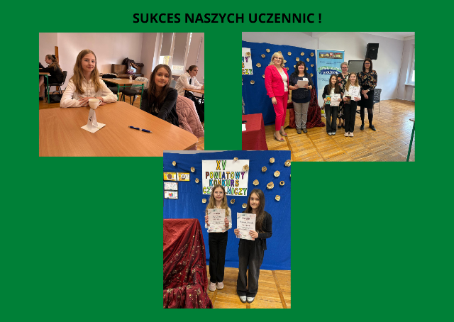 kolaz zdjęć uczennic i organizatorów na konkursie czytelniczym