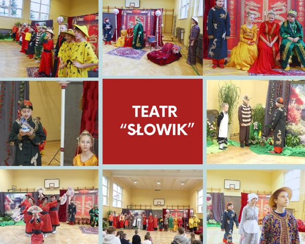 kolaż zdjęć uczniów na szkolnym przedstawieniu teatralnym