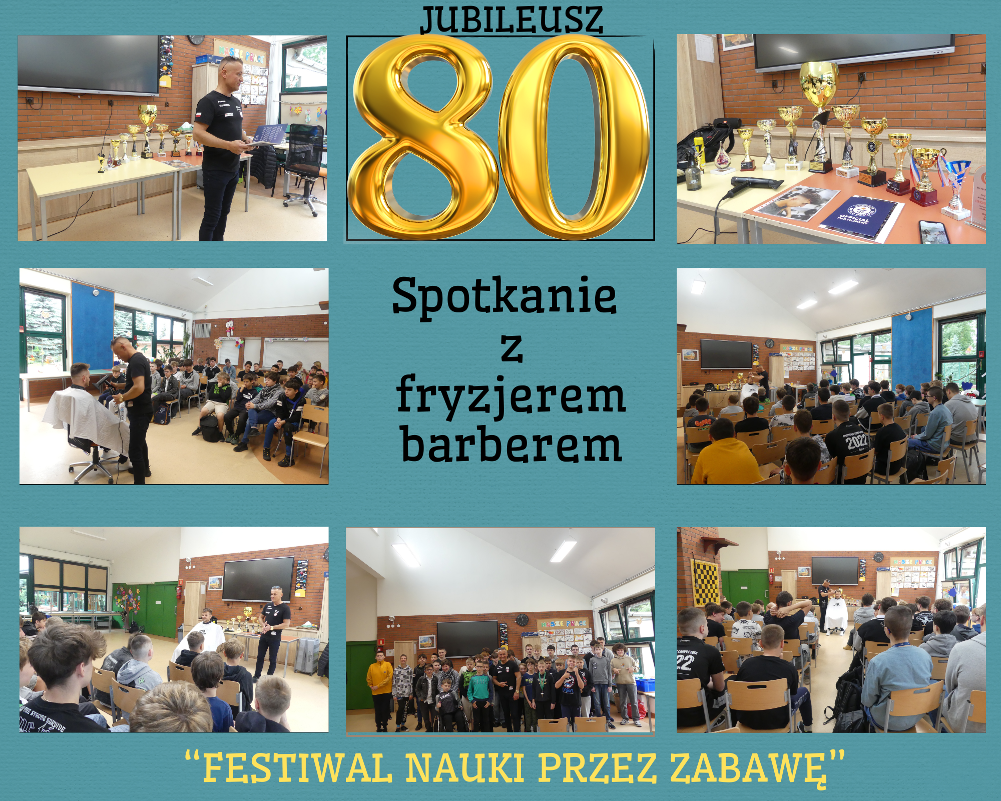 kolaż zdjęć uczniów na spotkaniu z fryzjerem w szkole