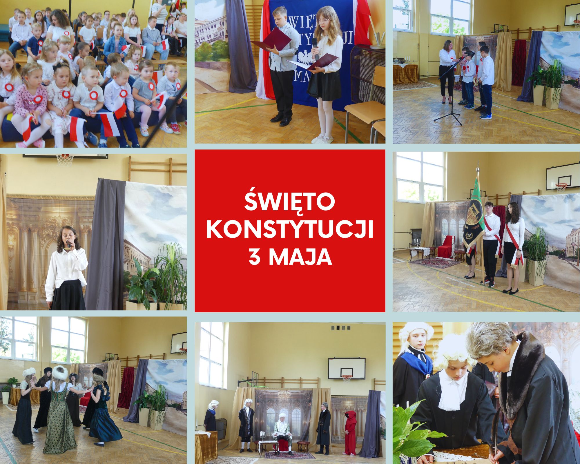 kolaż zdjęć uczniów na uroczystym apelu z okazji święta uchwalenia Konstytucji 3 maja