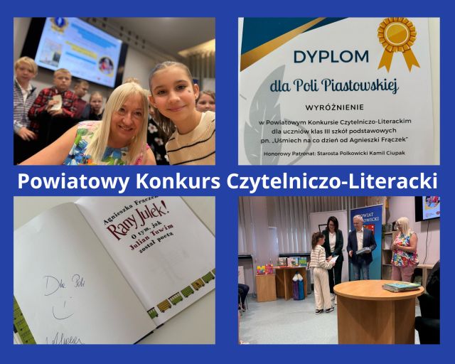 kolaż zdjęć uczennicy na powiatowym konkursie czytelniczo-literackim