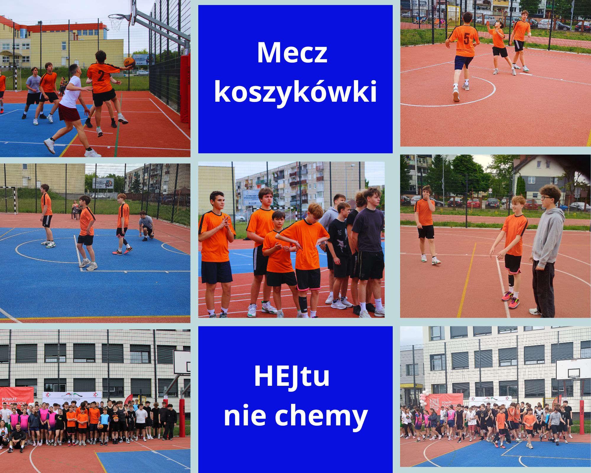 kolaż zdjęć uczniów na stadionie na meczu koszykówki