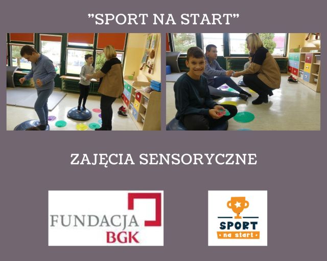 kolaż zdjęć na górze chłopcy ćwiczą na podkładkach balansujących i dyskach sensorycznych na dole logo fundacji i logo propgramu