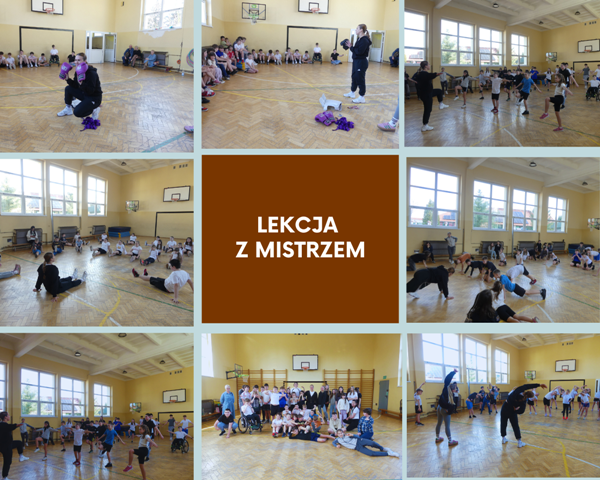 kolaż zdjęć uczniów na lekcji wychowania fizycznego z Ewą Kauch
