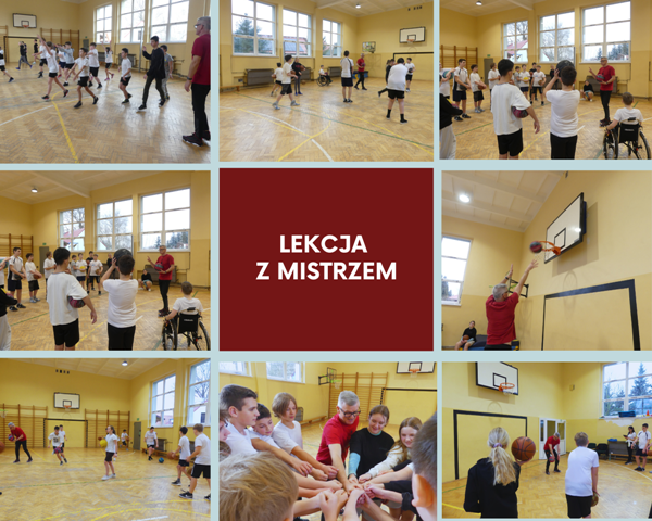 uczniowie z trenerem koszykówki na zajęciach sportowych 