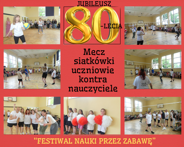 kolaż zdjęć uczniów i nauczycieli na meczu siatkówki