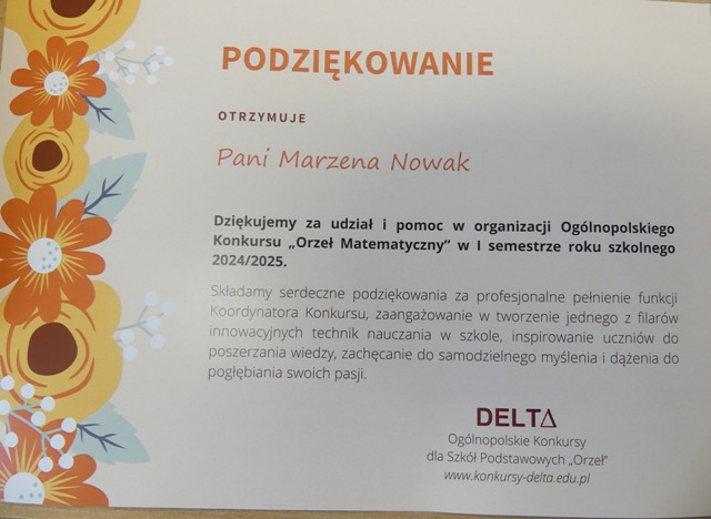 podziękowanie dla nauczyciela za przeprowadzenie konkursu w szkole