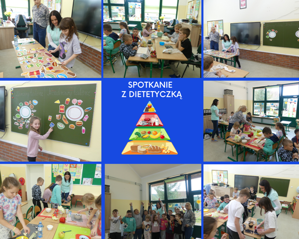 kolaż zdjęć uczniów na spotkaniu z dietetyczką