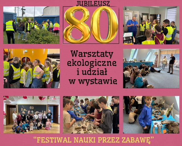 kolaż zdjęć uczniów na warsztatach ekologicznych i na wystawie o mamutach