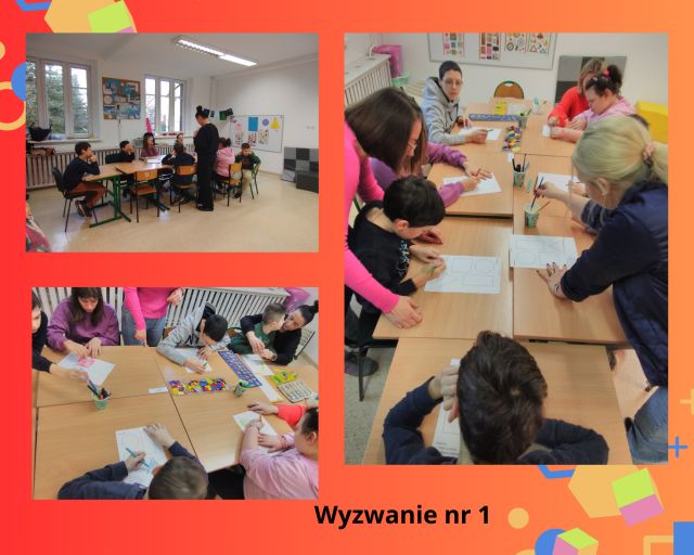 kolaż zdjęć uczniów i nauczycieli na zajęciach z wykorzystaniem figur geometrycznych