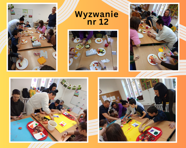 kolaż zdjęć uczniów i nauczycieli na zajęciach o owocach