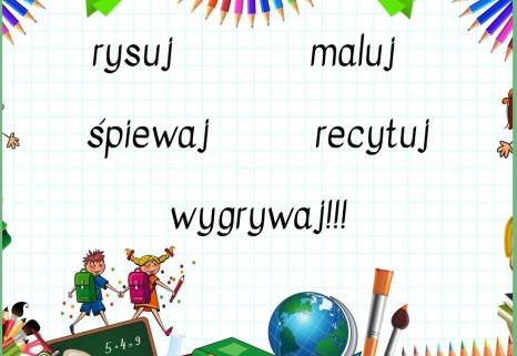 na grafice napisy rysuj maluj śpiewaj recytuj wygrywaj oraz para dzieci a wokół kredki