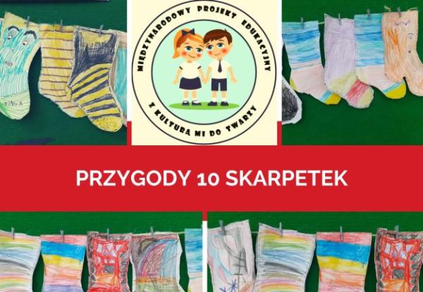 kolaż zdjęć na górze na środku logo na pozostałych zdjęciach prace dzieci kolorowe skarpetki
