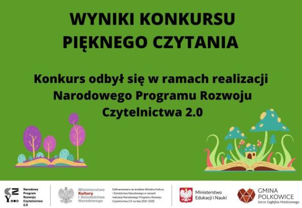 grafika z napisem wyniki konkursu pięknego czytania poniżej informacja że konkurs odbył się w ramach programu u dołu logo programu patroni programu