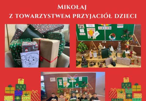 Kolaż zdjęć u góry odlewej paczki po prawej paczki i stroiki świąteczne u dołu grupa dzieci siedzi i trzyma paczki