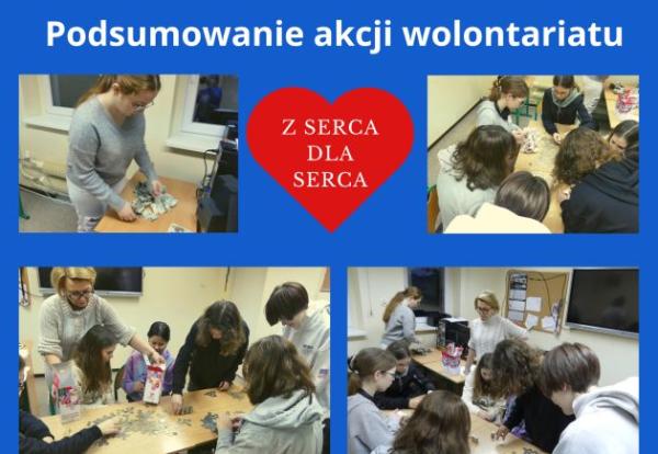 kolaż zdjęć na których uczniowie w obecności nauczyciela liczą pieniądze ze zbiórki 