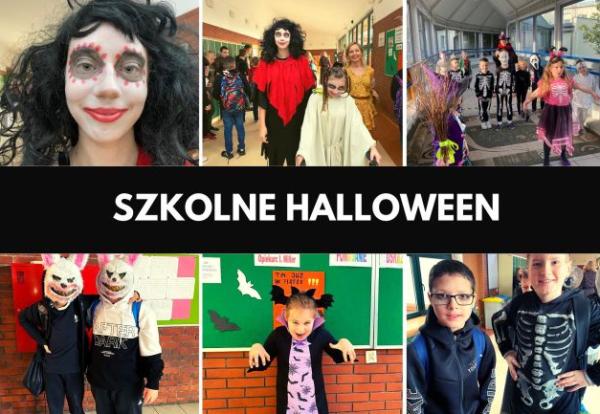 kolaż zdjęć uczniowie przebrani za wiedźmy, czarownice, kościotrupy
