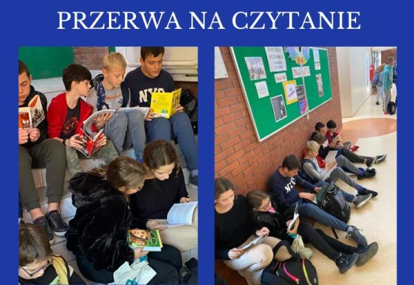 kolaż zdjęć uczniowie siedzą na korytarzu i czytają książki 