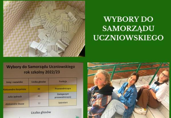 kolaż zdjęć po lewej pudełko z karteczkami do głosowania i tabela z nazwiskami i licza głosów po prawej trzy uczennice z nowo wybranego samorządu uczniowskiego