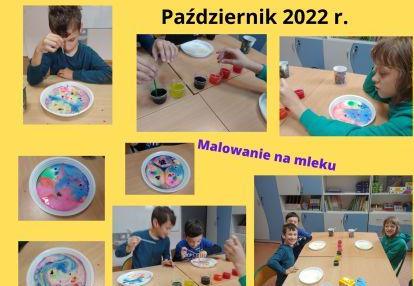 Kolaż zdjęć uczniowie wykonują pracę plastyczną malują na mleku