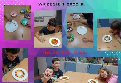 Kolaż zdjęć uczniowie układają kolorową tęczę z cukierków
