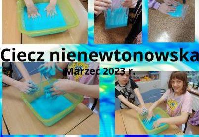 kolaż zdjęć dzieci bawią się niebieską cieczą nienewtonowska